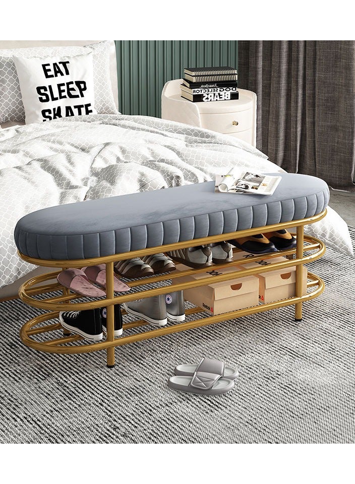 Velvet Shoe Bench with Double Shelf, Modern End Of Bed Bench - Entryway Shoe Rack Bench with Metal Base for Living Room, Bedroom & Hallway