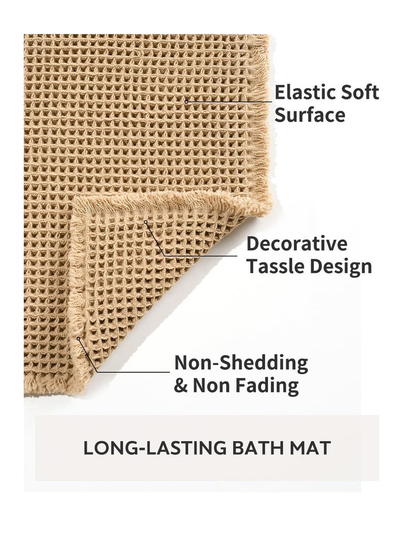 Waffle Bath Mat Rug, Super Absorbent Non Slip Bath Mats for Bathroom Mat, Ultra Soft Bath Mat Machine Washable, Bathroom Rugs with Tassels, Bath Rugs for Bathroom Floor Beside Tub, Brown