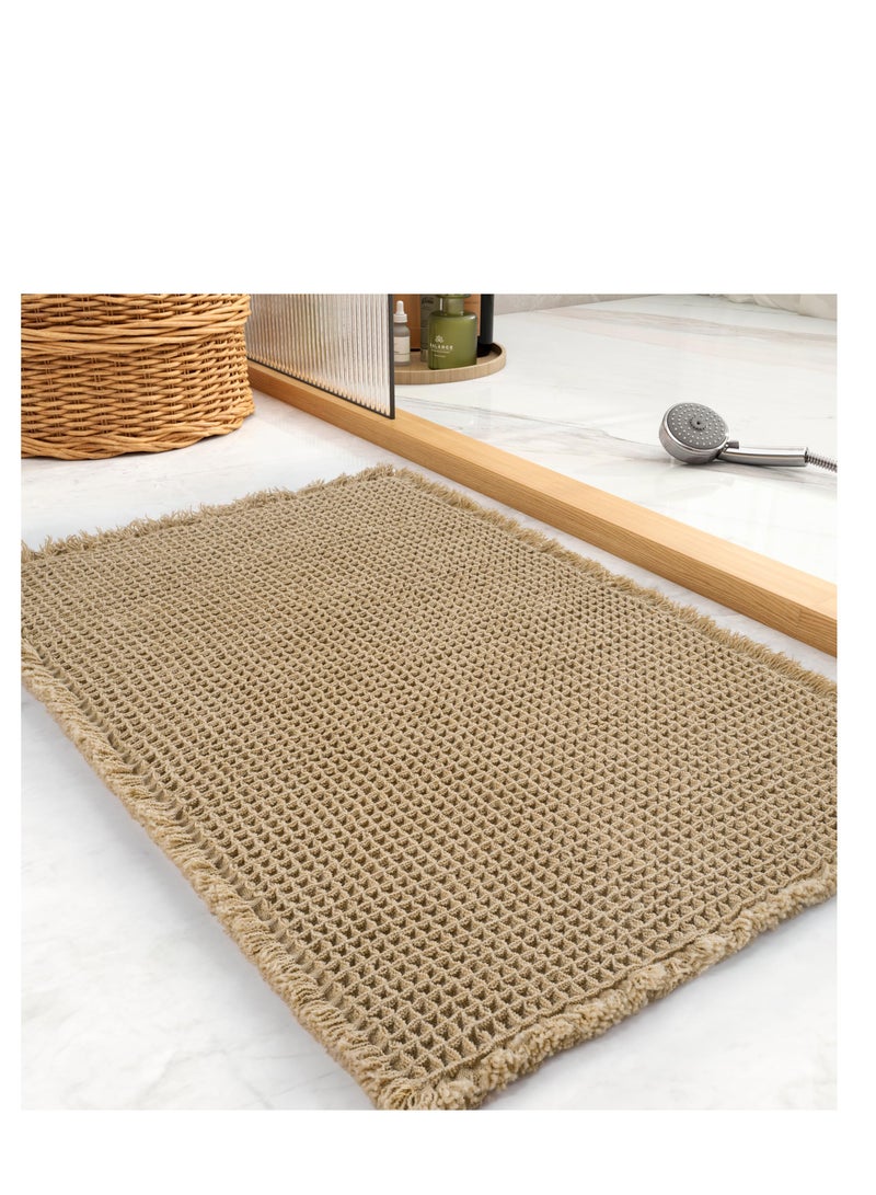 Waffle Bath Mat Rug, Super Absorbent Non Slip Bath Mats for Bathroom Mat, Ultra Soft Bath Mat Machine Washable, Bathroom Rugs with Tassels, Bath Rugs for Bathroom Floor Beside Tub, Brown