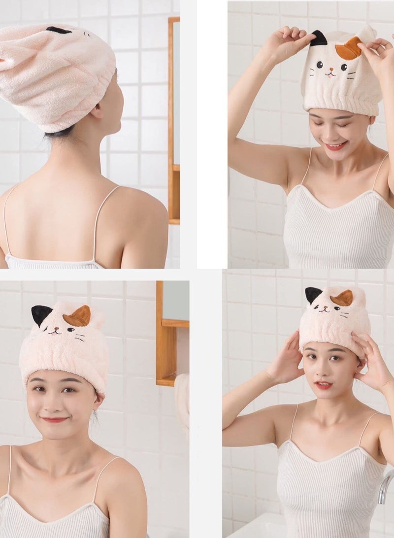 Hair Drying Caps, 2 Packs Microfiber Towel Wrap for Women Girls, Ultra Absorbent Quick Dry Turban Long, Curly & Thick (Kitty)