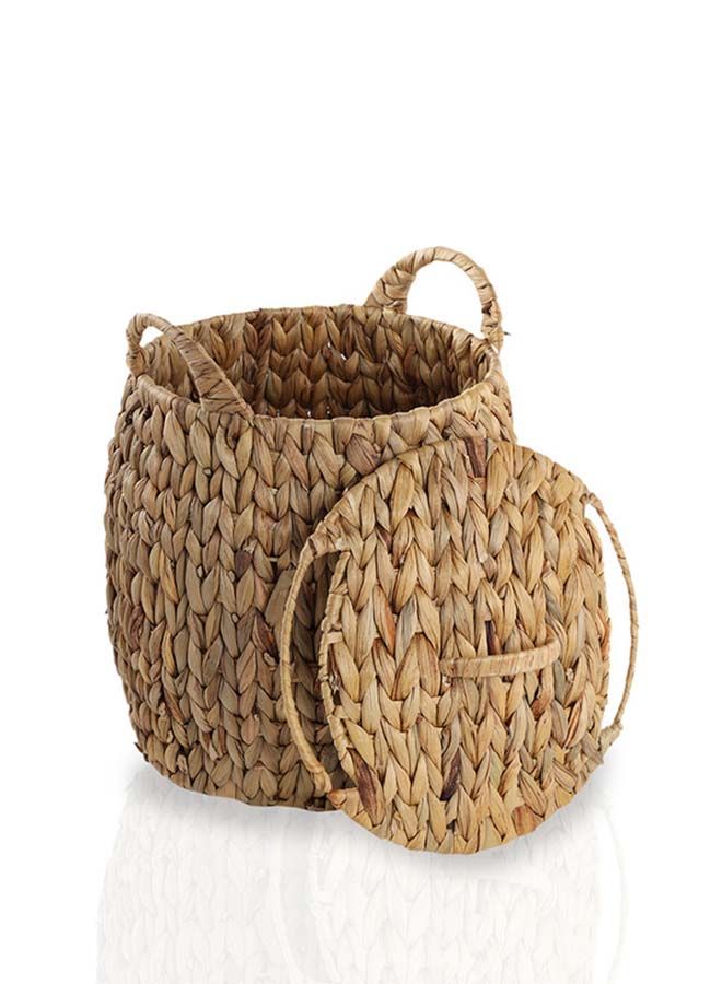 Water Hyacinth Drum Small Basket With Lid Natural 26x26x25cm