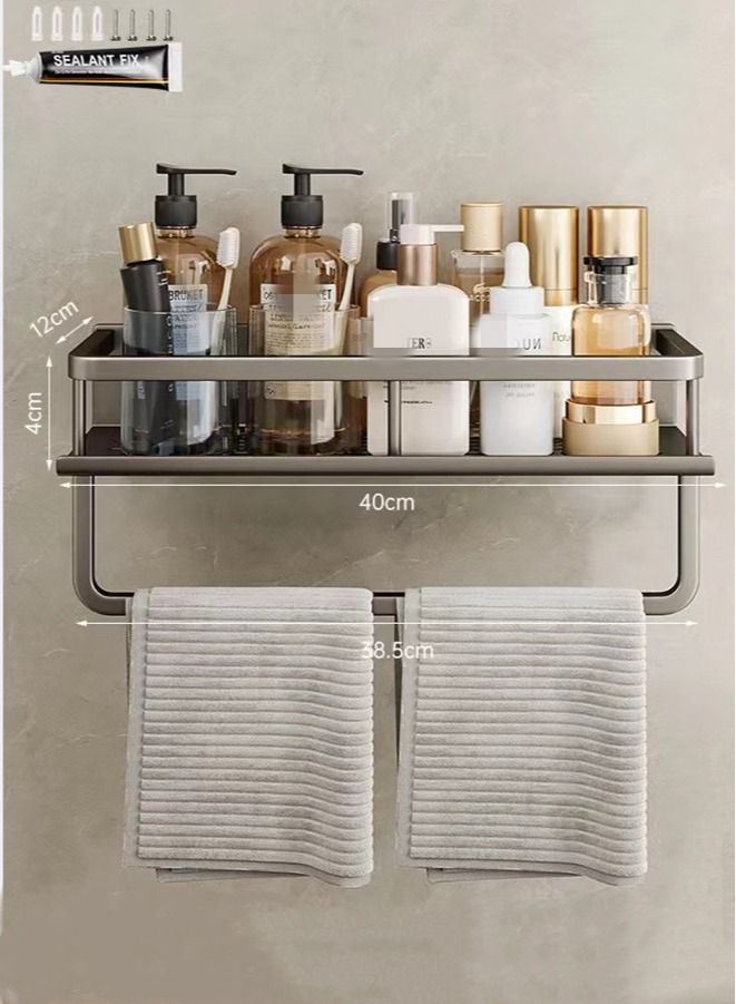 2-Piece Bathroom Shelf Shower Shampoo Soap Organizer Wall Mounts Storage Rack with Towel Rack Gray  40 x 12 x 4 cm