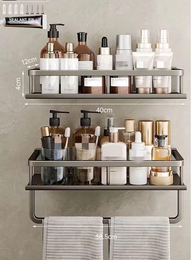 2-Piece Bathroom Shelf Shower Shampoo Soap Organizer Wall Mounts Storage Rack with Towel Rack Gray  40 x 12 x 4 cm