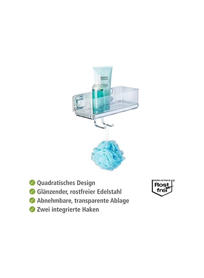 Vacuum-Loc Wall Shelf with Hooks Quadro, Plastic ABS, Home Bathroom Storage Space, No Drilling, 25.5x15x14cm, Shiny