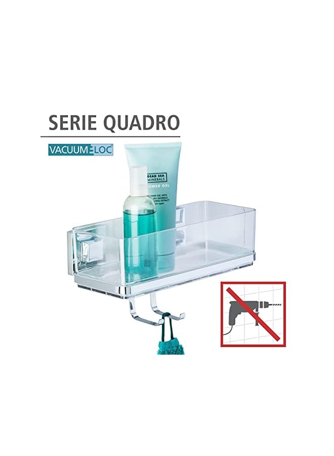 Vacuum-Loc Wall Shelf with Hooks Quadro, Plastic ABS, Home Bathroom Storage Space, No Drilling, 25.5x15x14cm, Shiny