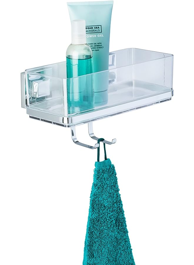 Vacuum-Loc Wall Shelf with Hooks Quadro, Plastic ABS, Home Bathroom Storage Space, No Drilling, 25.5x15x14cm, Shiny
