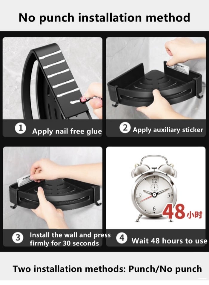 3-Piece Bathroom Rack Shower Shampoo Organizer Wall Mounted Storage Rack And Hooks Aluminum  Alloy Black 30x22.5x4.5 cm