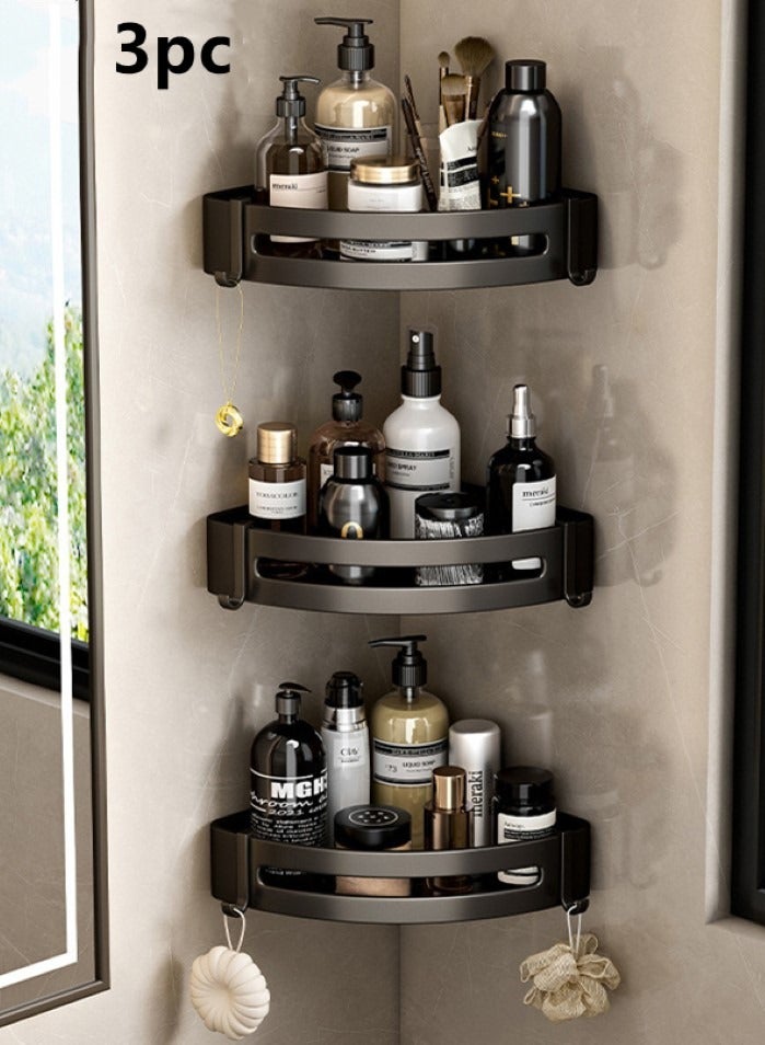 3-Piece Bathroom Rack Shower Shampoo Organizer Wall Mounted Storage Rack And Hooks Aluminum  Alloy Black 30x22.5x4.5 cm