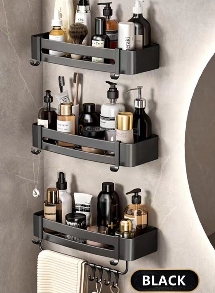 6-Piece Bathroom Rack Shower Shampoo Organizer Wall Mounted Storage Rack And Hooks And Towel Rack Black
