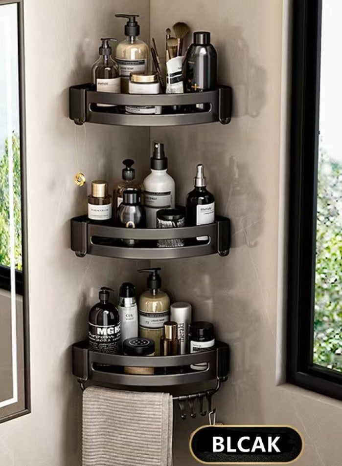 6-Piece Bathroom Rack Shower Shampoo Organizer Wall Mounted Storage Rack And Hooks And Towel Rack Black