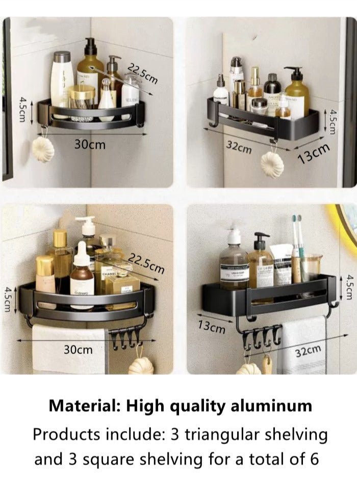 6-Piece Bathroom Rack Shower Shampoo Organizer Wall Mounted Storage Rack And Hooks And Towel Rack Black
