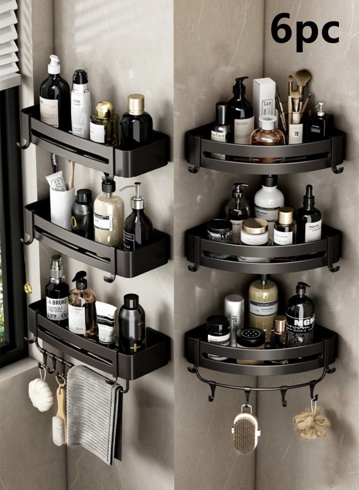 6-Piece Bathroom Rack Shower Shampoo Organizer Wall Mounted Storage Rack And Hooks And Towel Rack Black