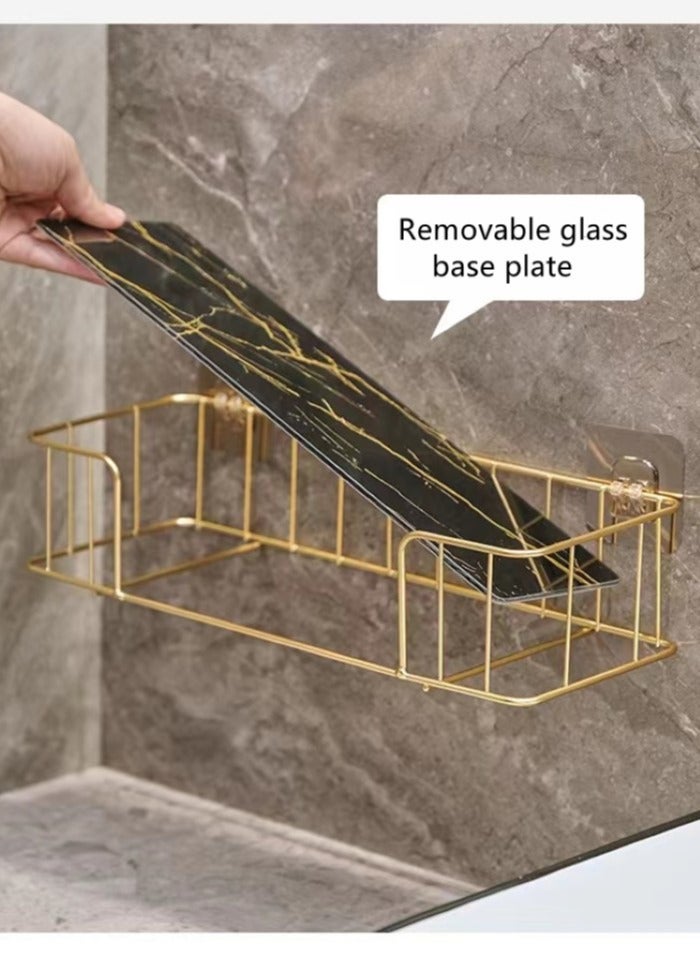 2-Piece Bathroom Shelf Shower Shampoo Soap Organizer Wall Mounts Storage Rack Black/Gold 34.5x13x7.5 Centimeter