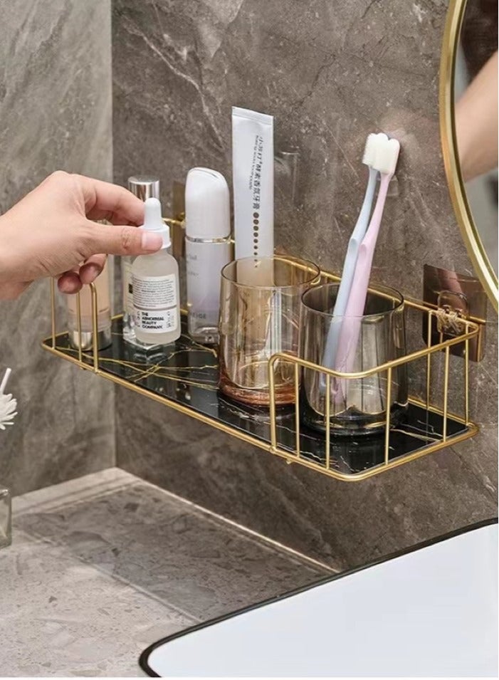 2-Piece Bathroom Shelf Shower Shampoo Soap Organizer Wall Mounts Storage Rack Black/Gold 34.5x13x7.5 Centimeter