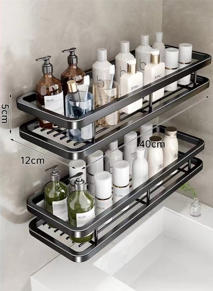 2-Pieces Bathroom Shelf Shower Shampoo Soap Organizer Wall Mounts Storage Rack Steel Black  40x12x5 cm