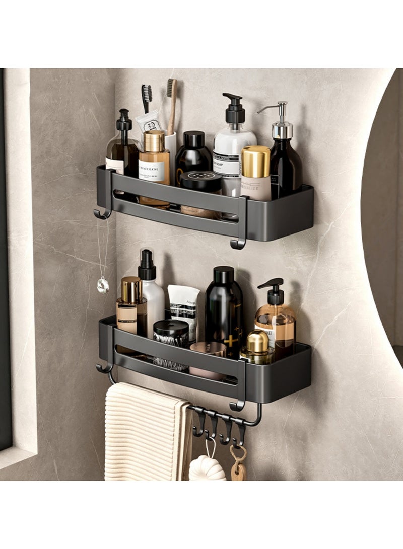 2 Pack Bathroom Shelves with 8 Hooks and Towel Bar, Aluminum Rustproof Bathroom Storage Organizer Shelf Shower Caddy Rack