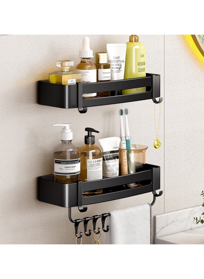 2 Pack Bathroom Shelves with 8 Hooks and Towel Bar, Aluminum Rustproof Bathroom Storage Organizer Shelf Shower Caddy Rack