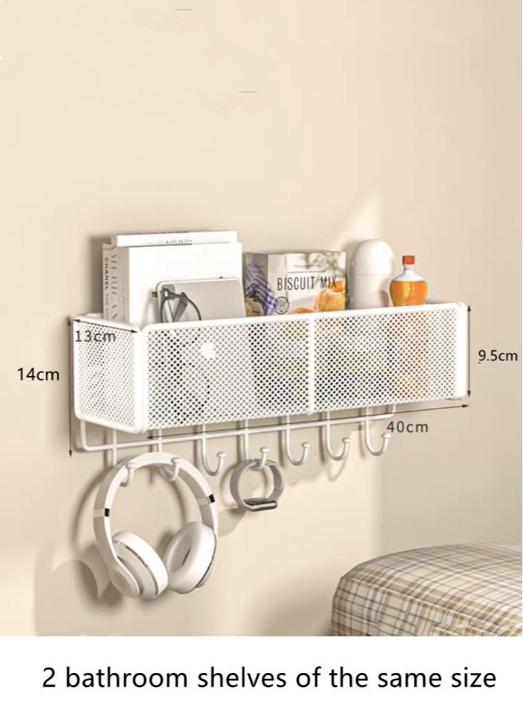 2-Piece Bathroom Rack Shower Shampoo Organizer Wall Mounted Storage Rack And Hooks White 40x14x13 Centimeter