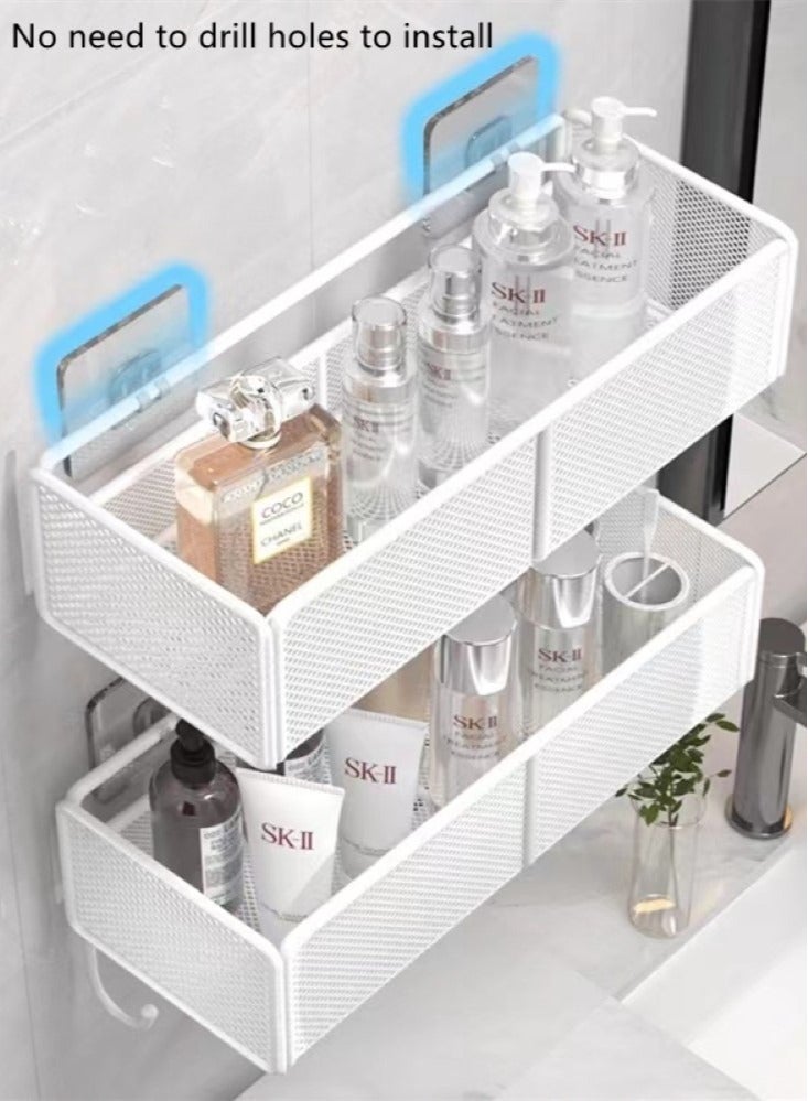 2-Piece Bathroom Rack Shower Shampoo Organizer Wall Mounted Storage Rack And Hooks White 40x14x13 Centimeter