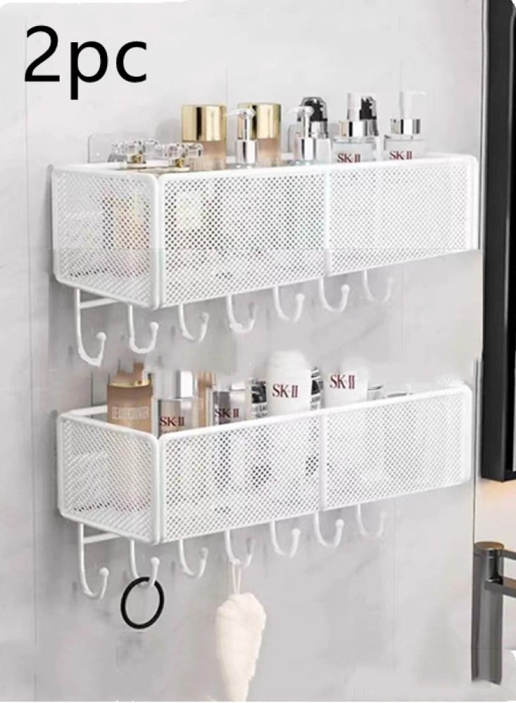 2-Piece Bathroom Rack Shower Shampoo Organizer Wall Mounted Storage Rack And Hooks White 40x14x13 Centimeter