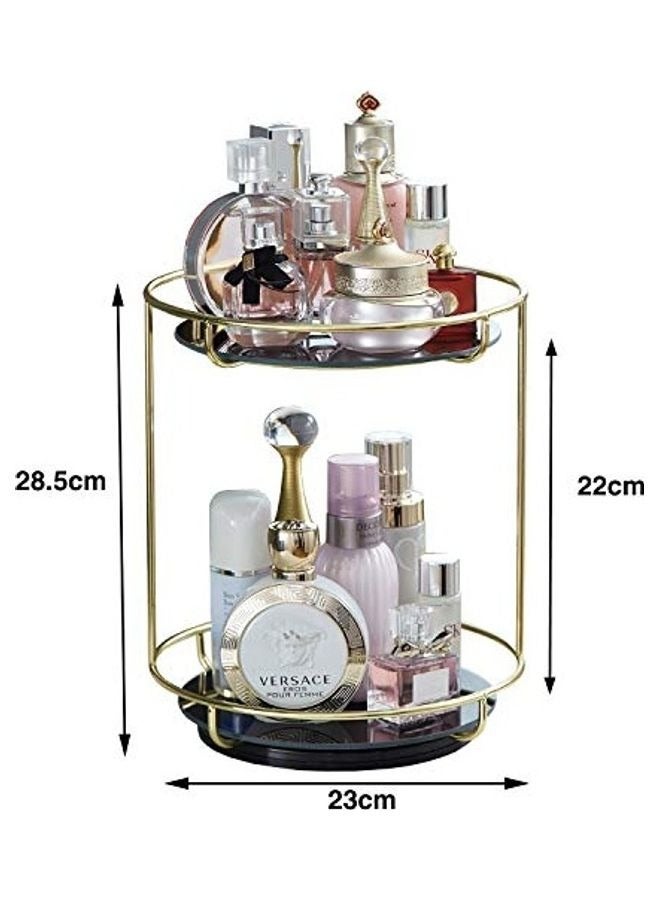 360 Rotating Makeup Organizer with 2 Tier Tray for Vanity and Bathroom, Black Tempered Glass and Stainless Steel, Cosmetic Storage and Skincare Holder with Vintage Style