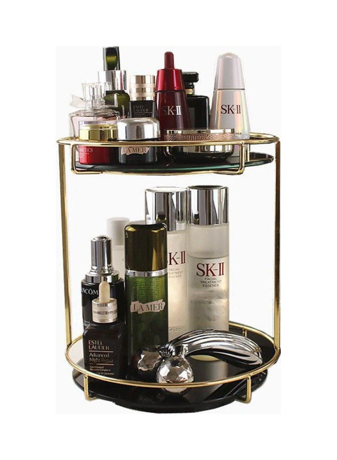 360 Rotating Makeup Organizer with 2 Tier Tray for Vanity and Bathroom, Black Tempered Glass and Stainless Steel, Cosmetic Storage and Skincare Holder with Vintage Style