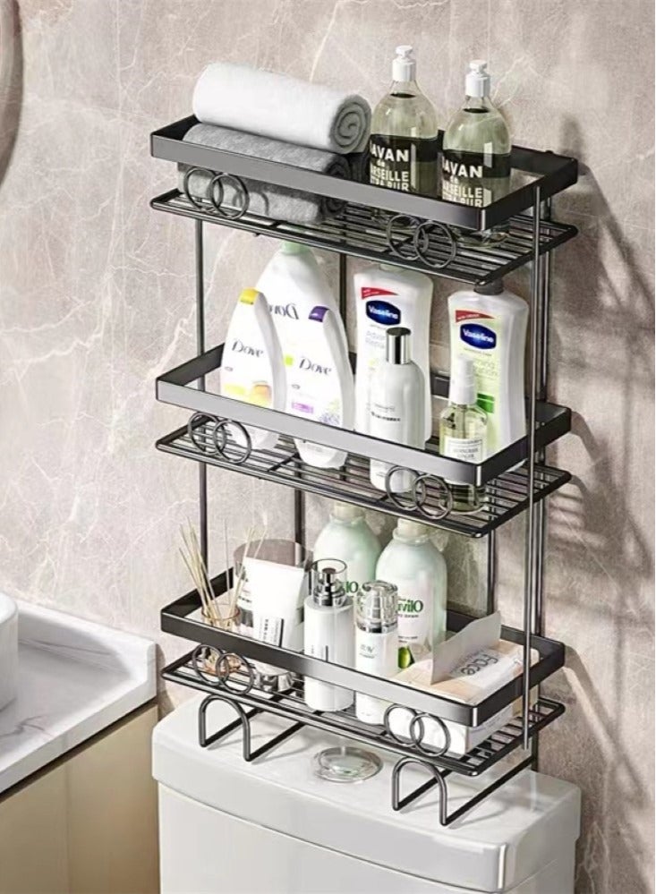 1-Piece 3 Tiers Toilet Storage Rack Bathroom Shower Shampoo Soap Organizer Metal Black 34x15x58 Centimeter