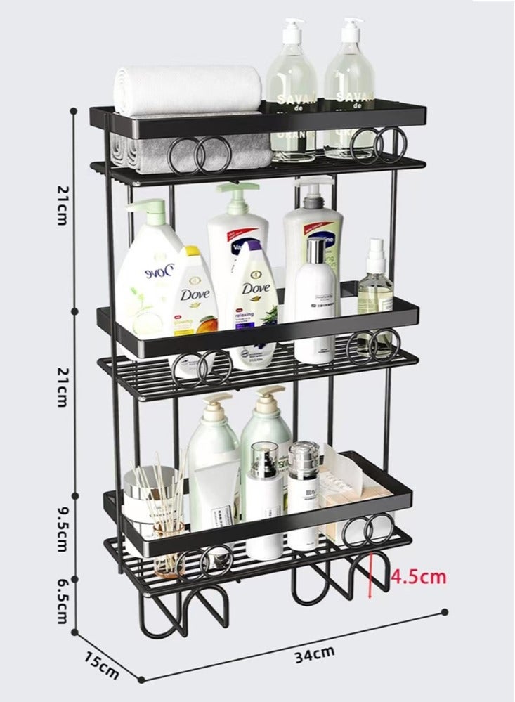 1-Piece 3 Tiers Toilet Storage Rack Bathroom Shower Shampoo Soap Organizer Metal Black 34x15x58 Centimeter