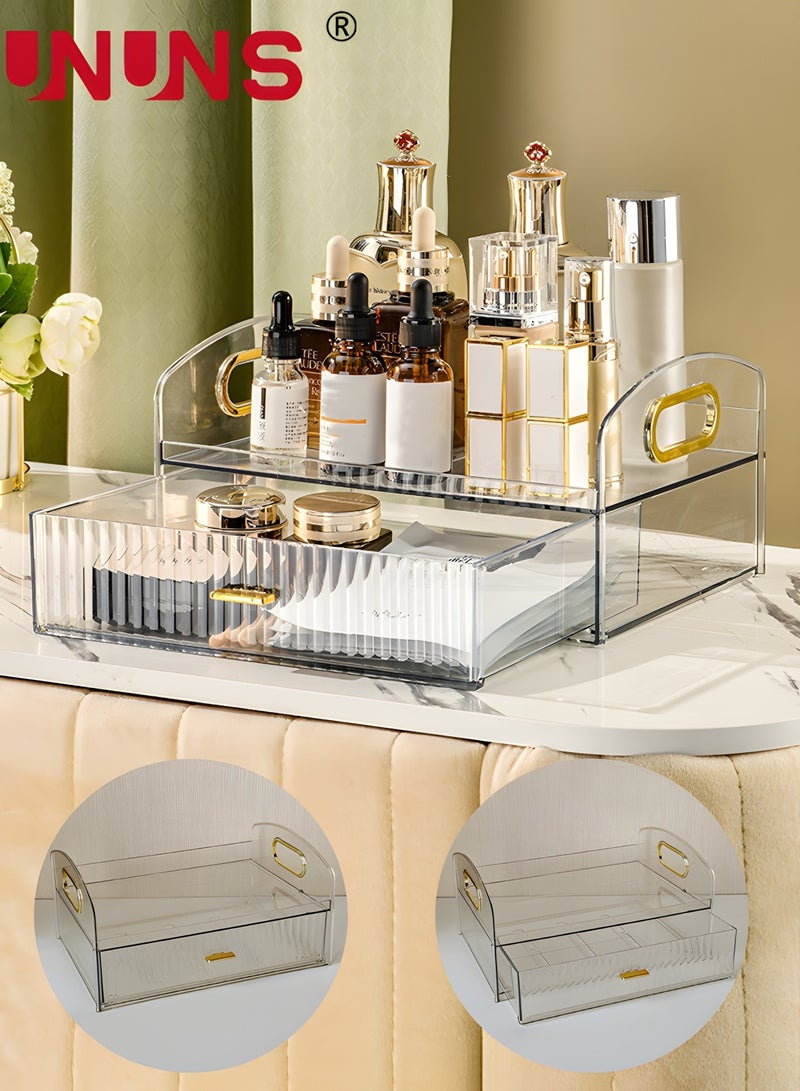 Desk Organizer Box With Drawer,Vanity Tray Storage Tray,Desk Organizer Tray For Makeup Brush Cosmetics Skincare Lipsticks Lotions,Great For Home Office Bathroom Bedroom Desktop Clean And Tidy-Clear