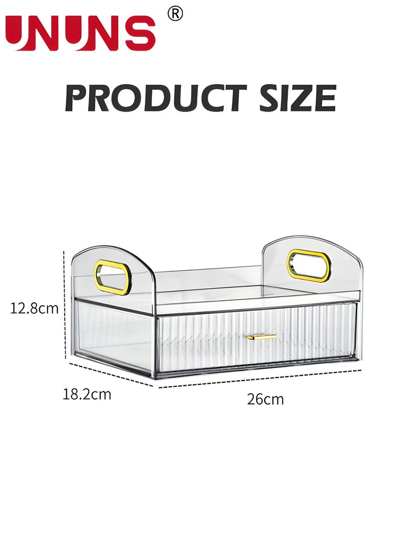 Desk Organizer Box With Drawer,Vanity Tray Storage Tray,Desk Organizer Tray For Makeup Brush Cosmetics Skincare Lipsticks Lotions,Great For Home Office Bathroom Bedroom Desktop Clean And Tidy-Clear
