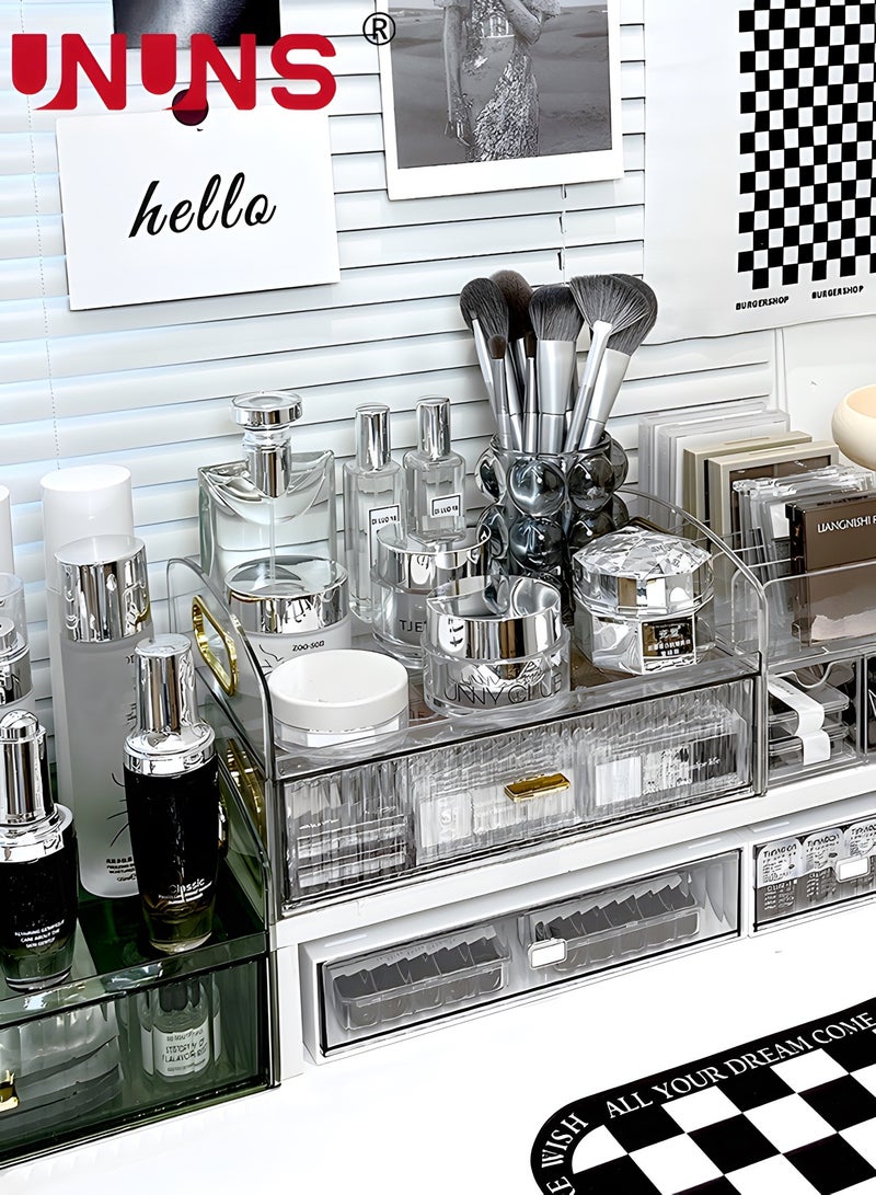 Desk Organizer Box With Drawer,Vanity Tray Storage Tray,Desk Organizer Tray For Makeup Brush Cosmetics Skincare Lipsticks Lotions,Great For Home Office Bathroom Bedroom Desktop Clean And Tidy-Clear
