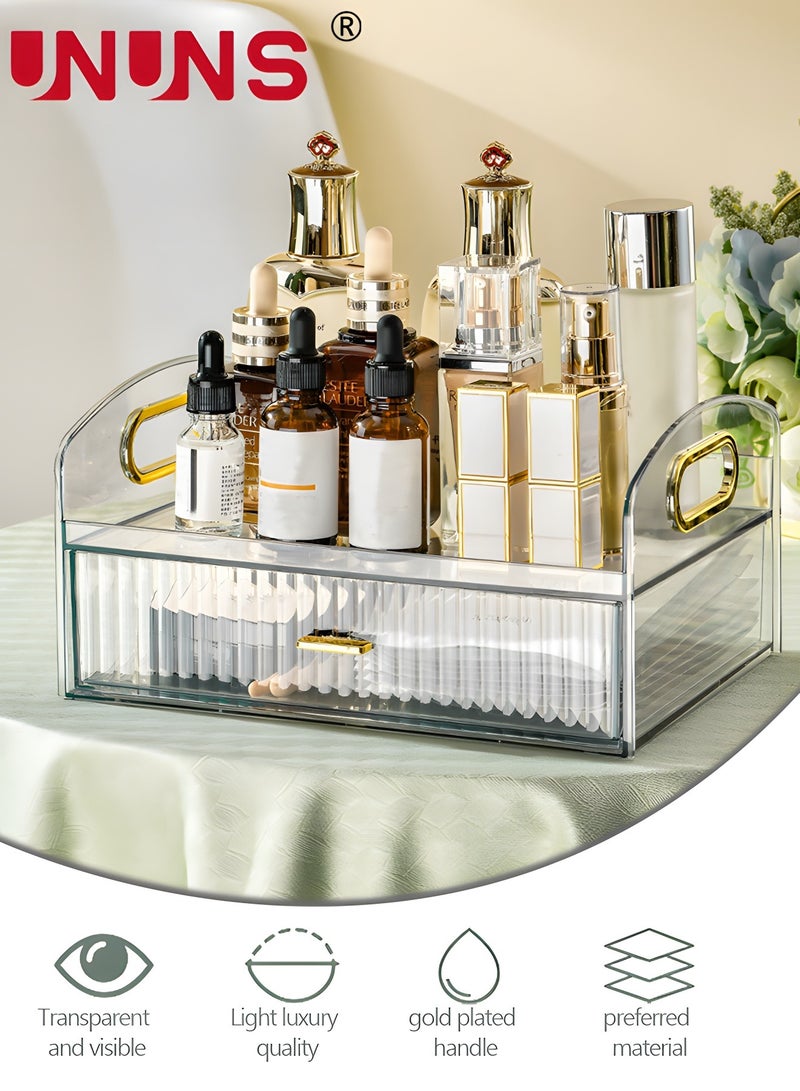 Desk Organizer Box With Drawer,Vanity Tray Storage Tray,Desk Organizer Tray For Makeup Brush Cosmetics Skincare Lipsticks Lotions,Great For Home Office Bathroom Bedroom Desktop Clean And Tidy-Clear