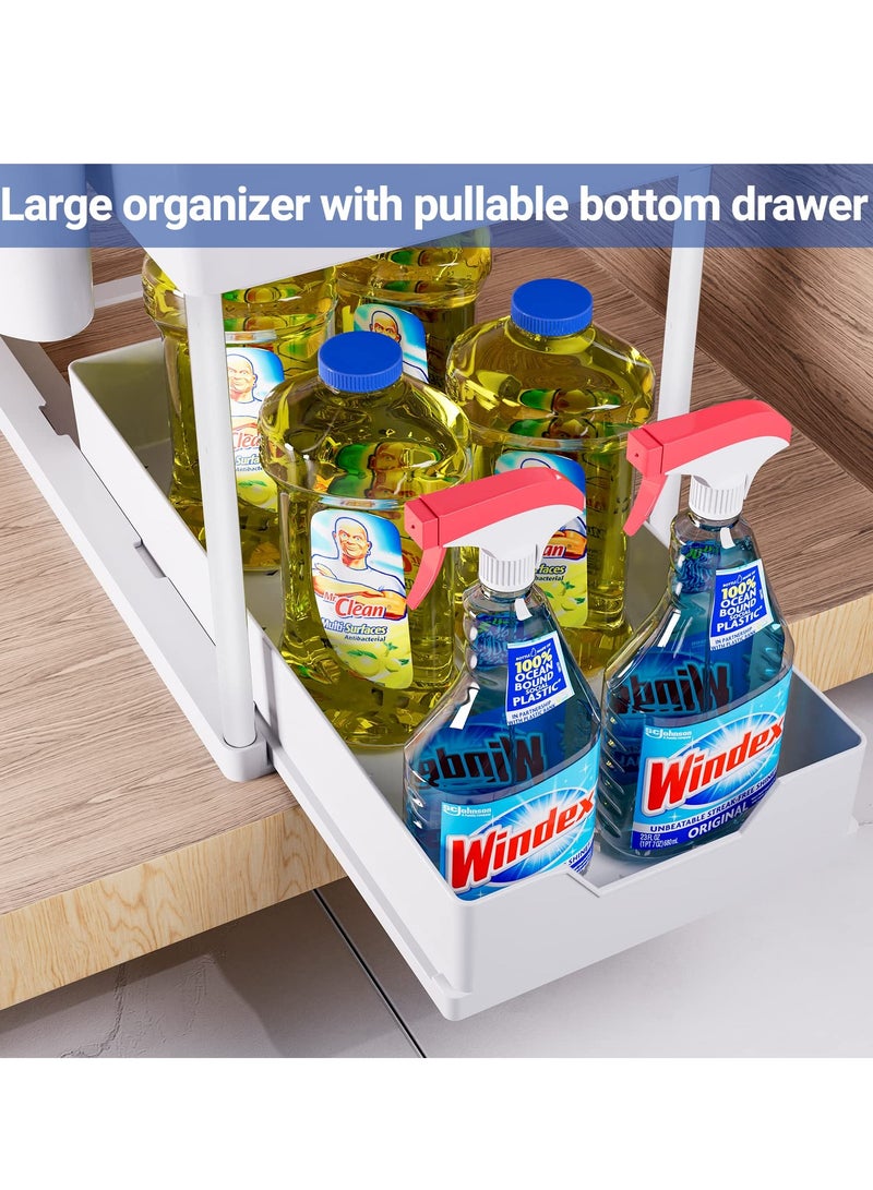 3 Pack Under Sink Organizer Pull Out Under Sink Storage, 2 Tier Multi-Purpose Sliding Under The Sink Organizer Bathroom Kitchen Sink Organizer Under Cabinet Shelf for Cleaning Supplies(White)