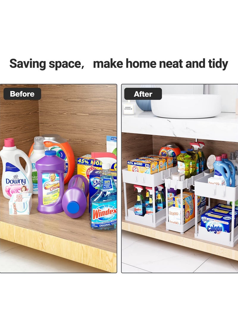 3 Pack Under Sink Organizer Pull Out Under Sink Storage, 2 Tier Multi-Purpose Sliding Under The Sink Organizer Bathroom Kitchen Sink Organizer Under Cabinet Shelf for Cleaning Supplies(White)