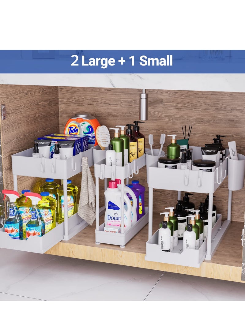 3 Pack Under Sink Organizer Pull Out Under Sink Storage, 2 Tier Multi-Purpose Sliding Under The Sink Organizer Bathroom Kitchen Sink Organizer Under Cabinet Shelf for Cleaning Supplies(White)