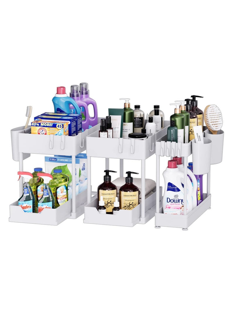 3 Pack Under Sink Organizer Pull Out Under Sink Storage, 2 Tier Multi-Purpose Sliding Under The Sink Organizer Bathroom Kitchen Sink Organizer Under Cabinet Shelf for Cleaning Supplies(White)