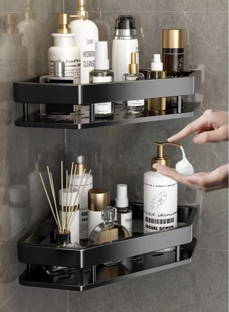 2-Pieces Bathroom Shelf Shower Shampoo Soap Organizer Wall Mounts Storage Rack Aluminium Alloy Black 33x25x5 Centimeter