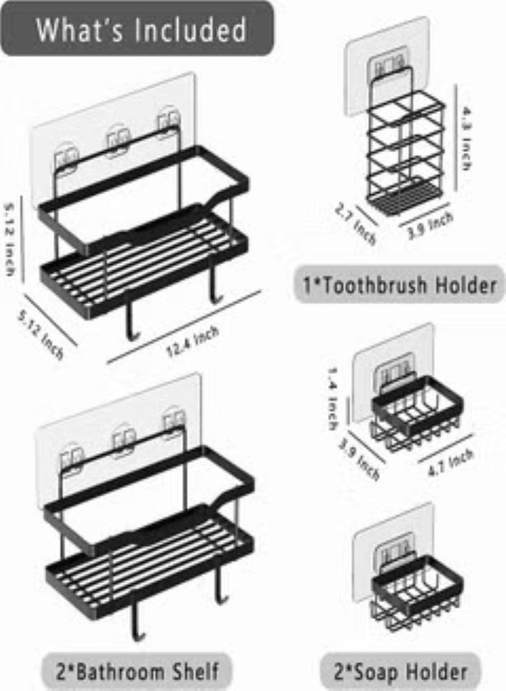 5 Pack Shower Storage Rack Adhesive Bathroom Organizer No Drilling Large Capacity Rustproof Stainless Steel Bathroom Shower Organizer with 4 Hooks Shower Shelf for Inside Shower Black