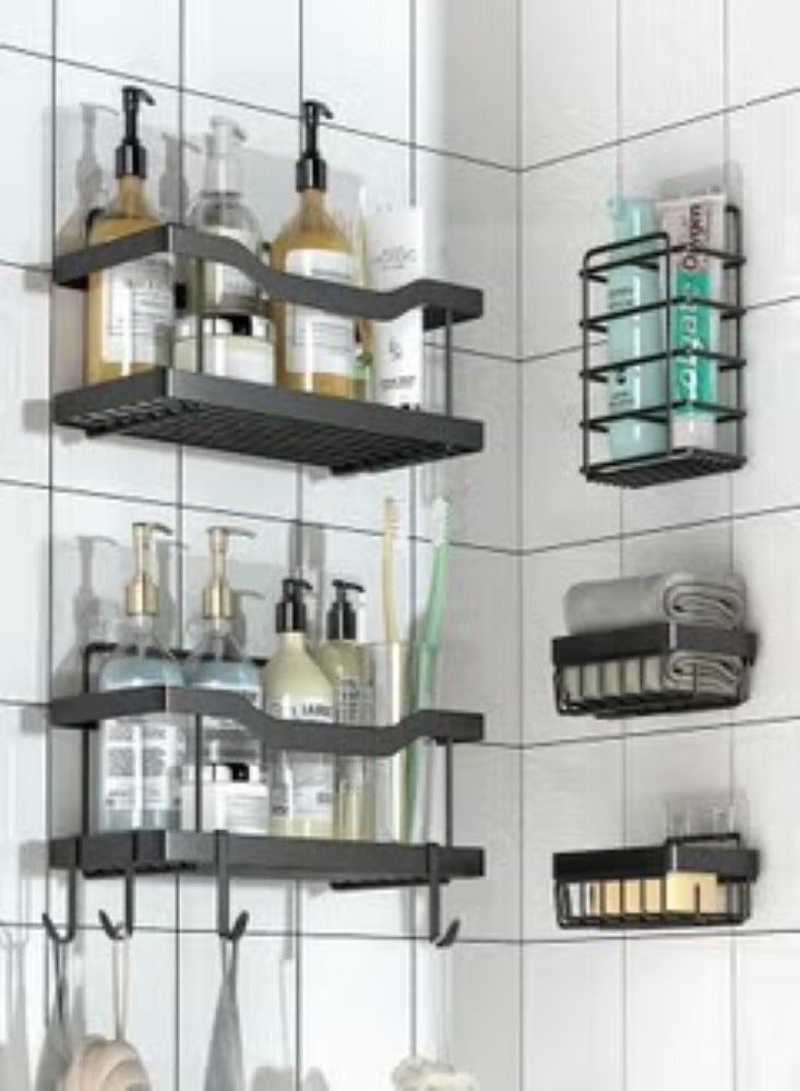 5 Pack Shower Storage Rack Adhesive Bathroom Organizer No Drilling Large Capacity Rustproof Stainless Steel Bathroom Shower Organizer with 4 Hooks Shower Shelf for Inside Shower Black