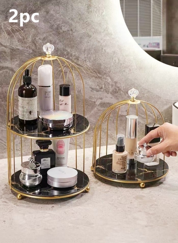 2-Piece Metal Desktop Makeup Organizer Box Storage Box For Bathroom Home Storage Black Golden