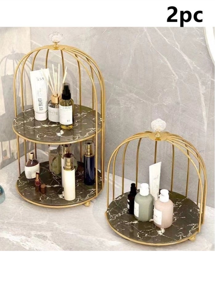 2-Piece Metal Desktop Makeup Organizer Box Storage Box For Bathroom Home Storage Black Golden
