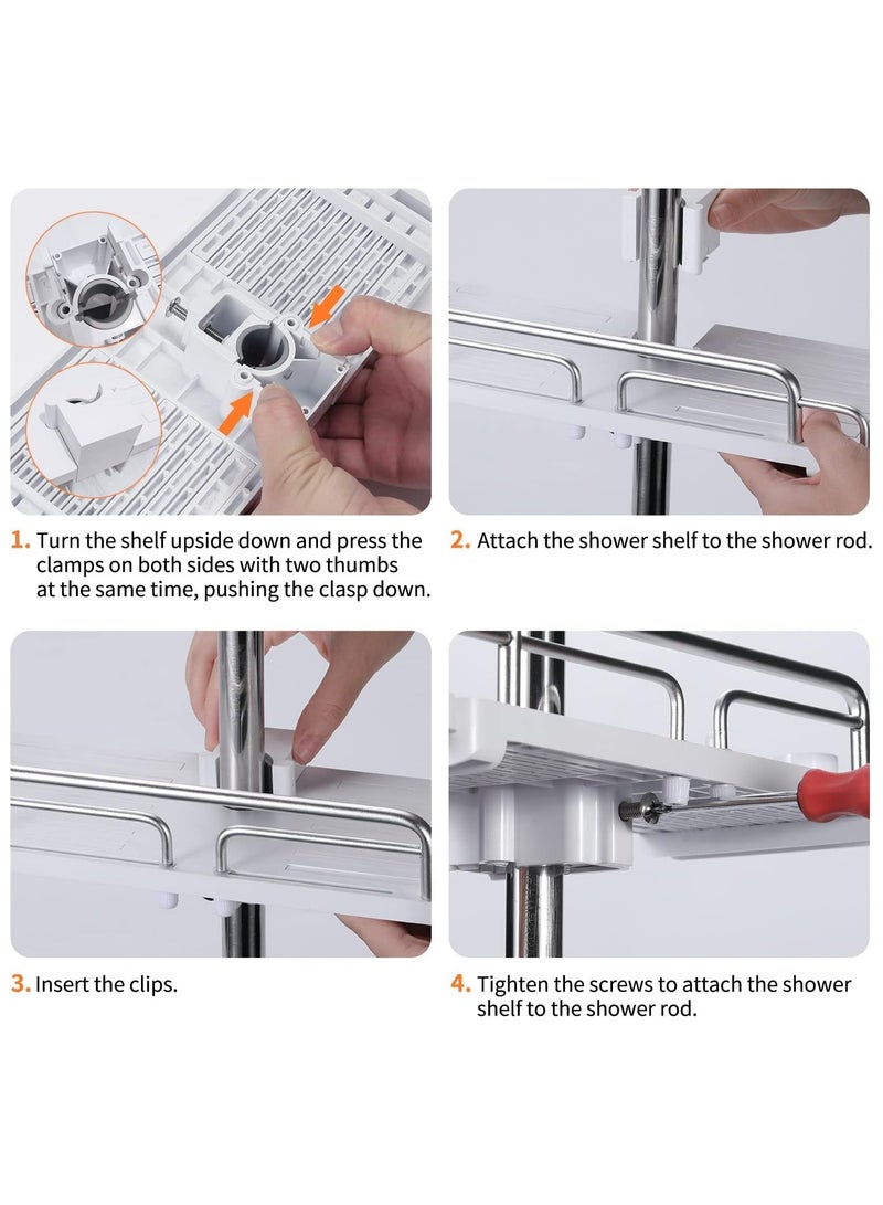 Shower Shelf Hanging, Shower Caddy No Drill Shower Rail Shelf, Shower Holders Double Storage, for Soap Shampoo Suit 18mm-25mm Shower Rail Length Adjustable, Stretchable Design (28-44cm)