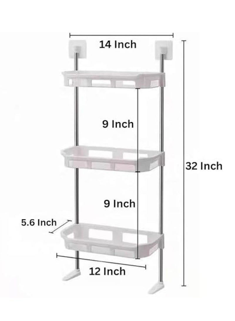 3 Tier Plastic Storage Shelf with Self Adhesive Stickers & Hooks for Toilet, Bathroom, Kitchen, Office