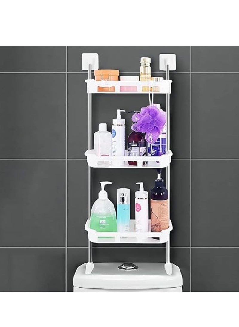 3 Tier Plastic Storage Shelf with Self Adhesive Stickers & Hooks for Toilet, Bathroom, Kitchen, Office