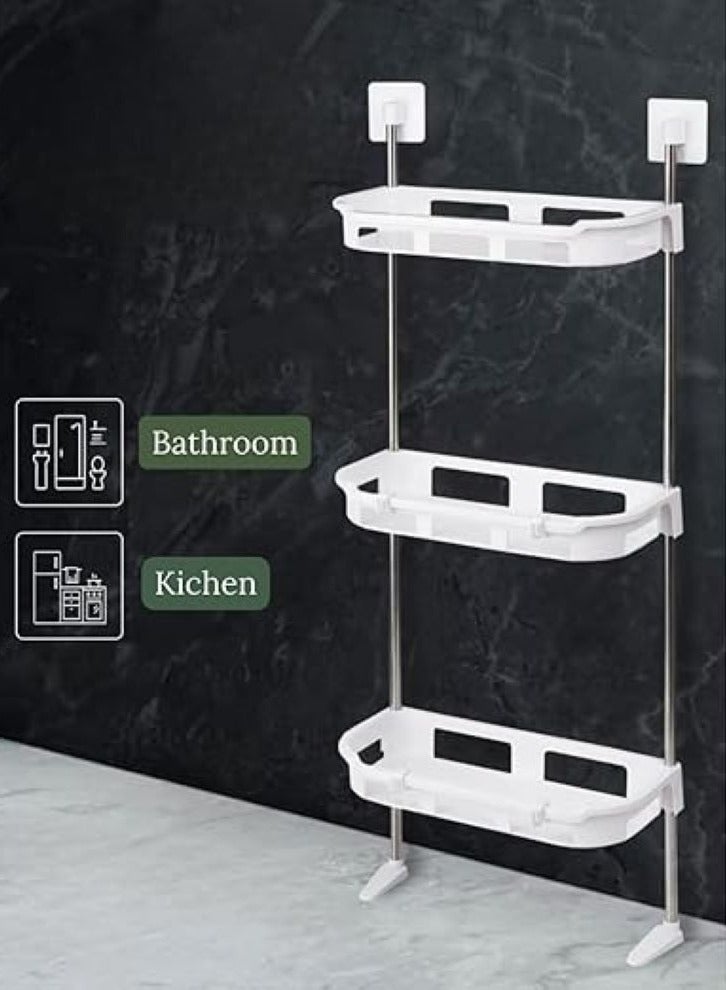 3 Tier Plastic Storage Shelf with Self Adhesive Stickers & Hooks for Toilet, Bathroom, Kitchen, Office