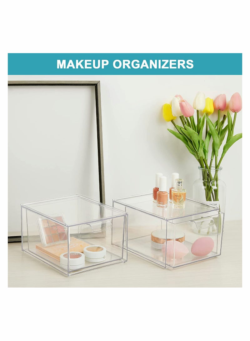 2 Pack Stackable Makeup Organizer Storage Drawers 4.4In Tall Acrylic Bathroom Clear Plastic Bins For Vanity Undersink Kitchen Cabinets Pantry Organization