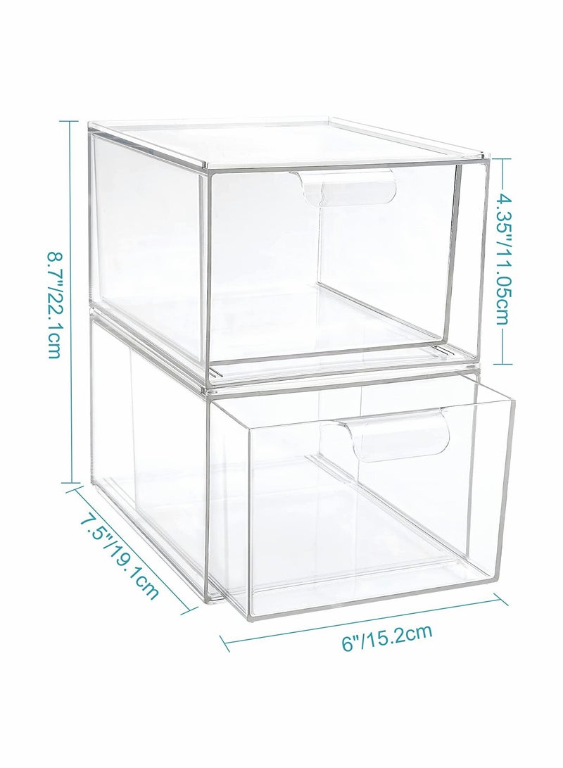 2 Pack Stackable Makeup Organizer Storage Drawers 4.4In Tall Acrylic Bathroom Clear Plastic Bins For Vanity Undersink Kitchen Cabinets Pantry Organization