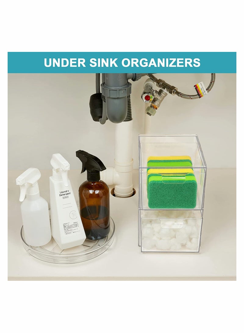 2 Pack Stackable Makeup Organizer Storage Drawers 4.4In Tall Acrylic Bathroom Clear Plastic Bins For Vanity Undersink Kitchen Cabinets Pantry Organization