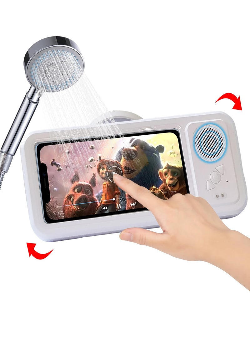 Shower Phone Holder with Wireless Bluetooth Speaker Waterproof Anti-Fog Sensitive Touch Screen Wall Mounted 480° Rotation Viewable Shower Phone Stand for Bathroom Wall Mirro for 4