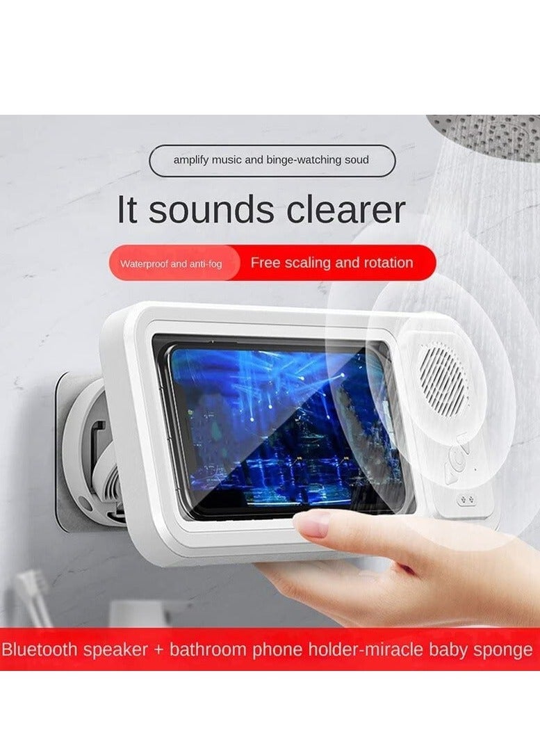 Shower Phone Holder with Wireless Bluetooth Speaker Waterproof Anti-Fog Sensitive Touch Screen Wall Mounted 480° Rotation Viewable Shower Phone Stand for Bathroom Wall Mirro for 4